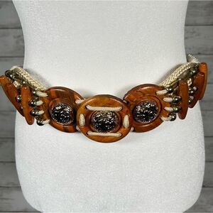 Wood Beaded Natural With Gold Accent Nylon Rope Concho Belt S/M